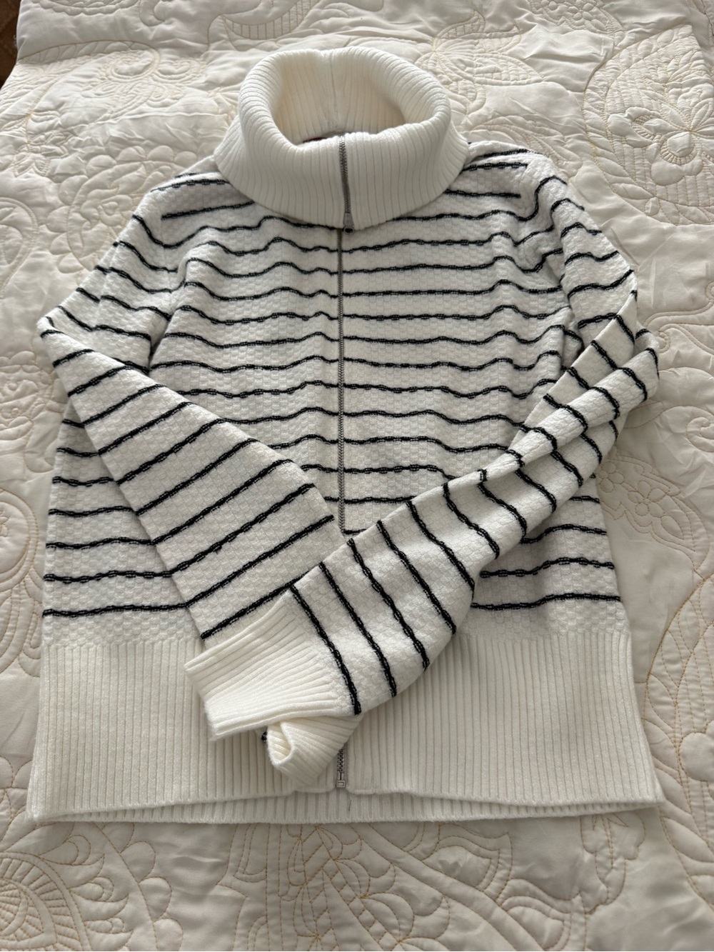 Scarlett White Turtleneck Zip Sweater with Black Stripes
